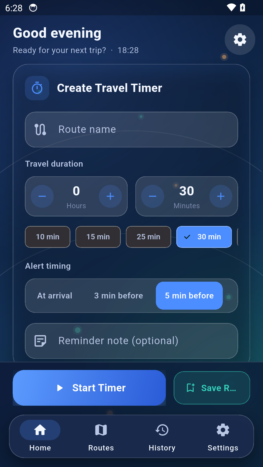 Travel Timer Guide screen for choosing route duration and reminders