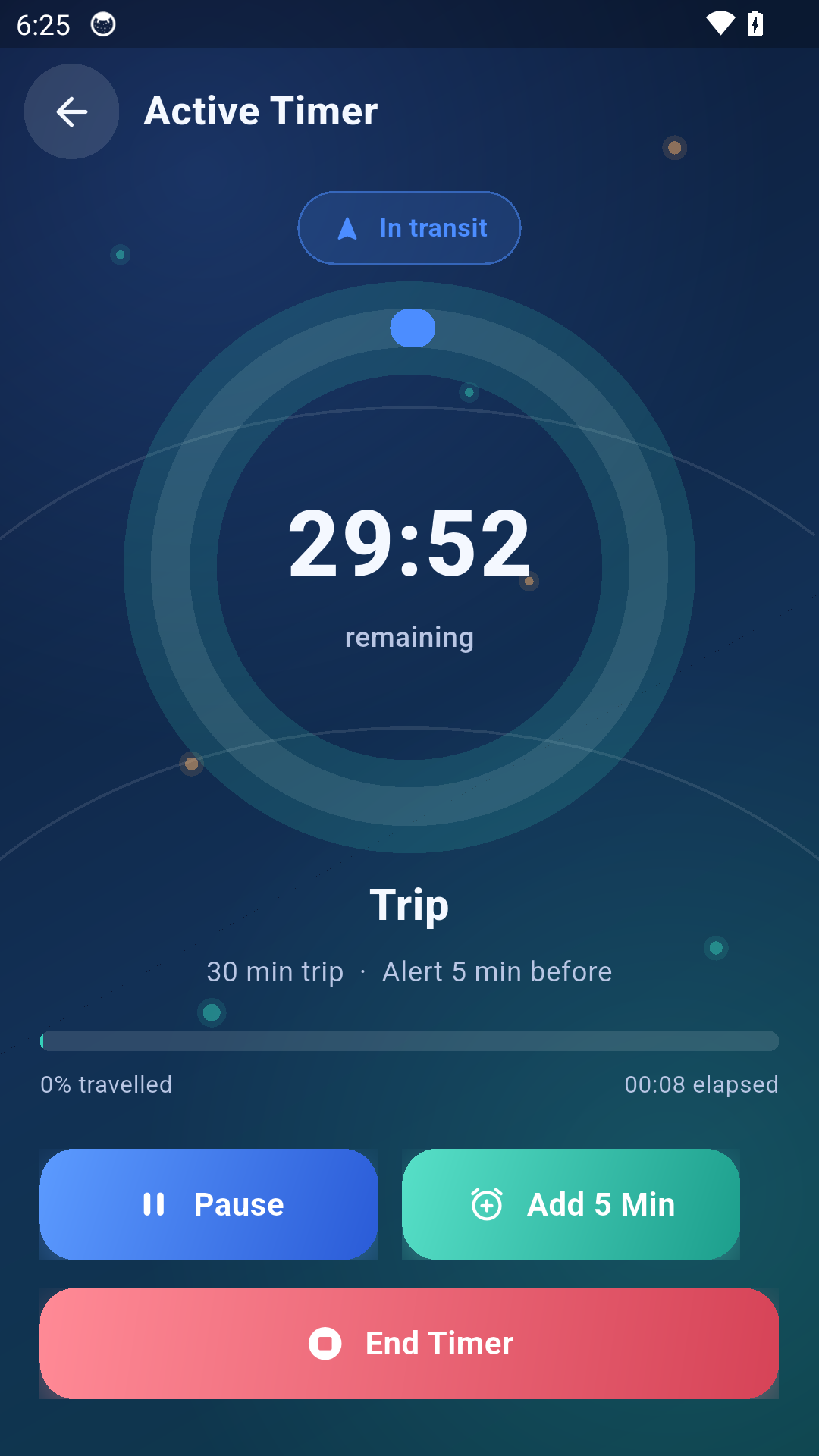 Travel Timer Guide active countdown and travel controls