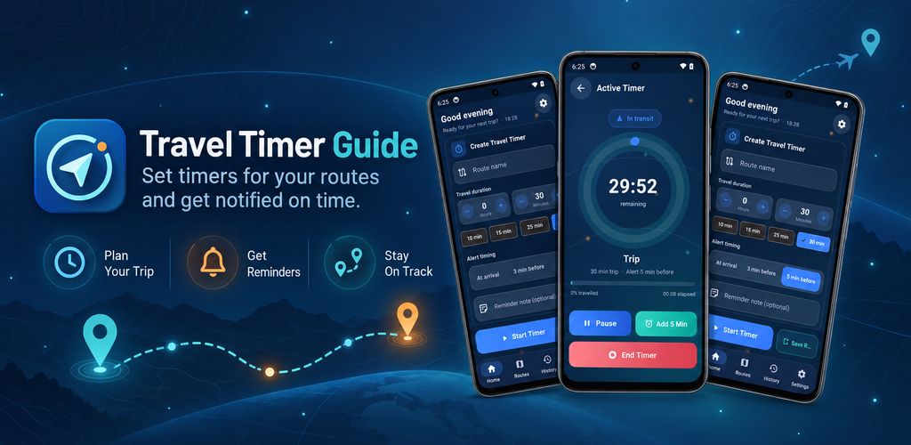 Travel Timer Guide promotional banner showing its travel timer interface